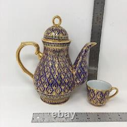 Vintage Thai Handicraft Blue and Gold Benjarong Windsor Porcelain Coffee Set