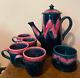 Vintage Vallauris Ceramic Lava Glaze Coffee Pot Set 4x Cups Sugar Bowl Pink/blue