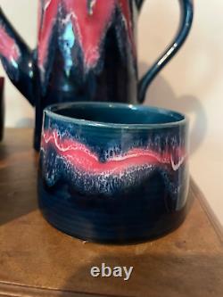 Vintage Vallauris Ceramic Lava Glaze Coffee Pot Set 4x Cups Sugar Bowl Pink/Blue