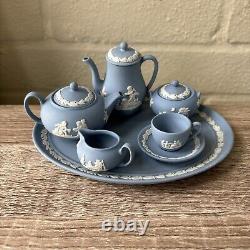 Vintage Wedgwood Blue Jasperware Miniature Tea & Coffee Set Cup Saucers Tray