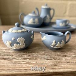 Vintage Wedgwood Blue Jasperware Miniature Tea & Coffee Set Cup Saucers Tray
