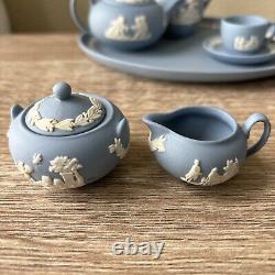 Vintage Wedgwood Blue Jasperware Miniature Tea & Coffee Set Cup Saucers Tray