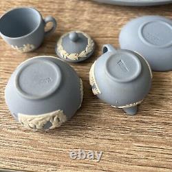 Vintage Wedgwood Blue Jasperware Miniature Tea & Coffee Set Cup Saucers Tray