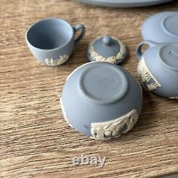 Vintage Wedgwood Blue Jasperware Miniature Tea & Coffee Set Cup Saucers Tray