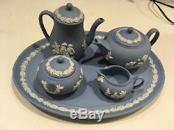 Vintage Wedgwood Jasperware Pale Blue 8 piece Miniature Tea Coffee Set NICE