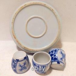 Vintage White Blue Hand Painted Ceramic Tray With 3 Small Cups Coffee Set of 4