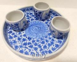 Vintage White Blue Hand Painted Ceramic Tray With 3 Small Cups Coffee Set of 4