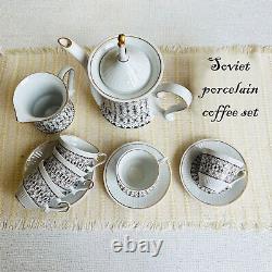Vintage porcelain coffee set for 5 people, Soviet ceramic coffee service, 12 pcs