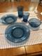 Vtg 4 Sets Vereco France Dishes Complete 5 Piece Setting/blue Art Glass. Signed