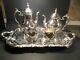 Vtg F. B. Rogers 6-piece Silver Plate Tea & Coffee Set Large Footed Etched Tray
