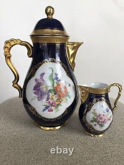 Vtg Lindner Kueps Bavaria Etch Cobalt Tea Coffee Pot And Creamer Gold Floral