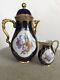 Vtg Lindner Kueps Bavaria Etch Cobalt Tea Coffee Pot And Creamer Gold Floral
