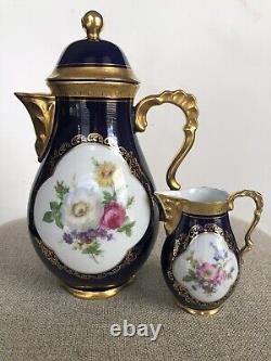 Vtg Lindner Kueps Bavaria Etch Cobalt Tea Coffee Pot And Creamer Gold Floral
