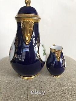 Vtg Lindner Kueps Bavaria Etch Cobalt Tea Coffee Pot And Creamer Gold Floral