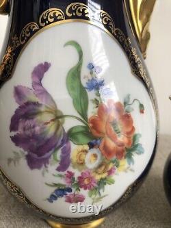 Vtg Lindner Kueps Bavaria Etch Cobalt Tea Coffee Pot And Creamer Gold Floral