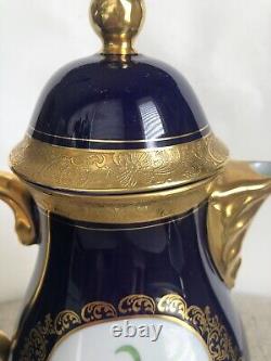 Vtg Lindner Kueps Bavaria Etch Cobalt Tea Coffee Pot And Creamer Gold Floral