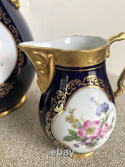 Vtg Lindner Kueps Bavaria Etch Cobalt Tea Coffee Pot And Creamer Gold Floral