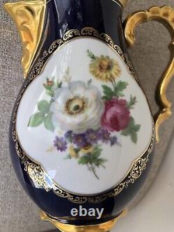 Vtg Lindner Kueps Bavaria Etch Cobalt Tea Coffee Pot And Creamer Gold Floral
