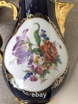 Vtg Lindner Kueps Bavaria Etch Cobalt Tea Coffee Pot And Creamer Gold Floral