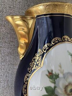 Vtg Lindner Kueps Bavaria Etch Cobalt Tea Coffee Pot And Creamer Gold Floral