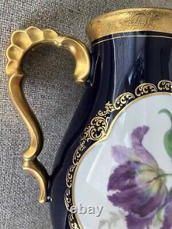 Vtg Lindner Kueps Bavaria Etch Cobalt Tea Coffee Pot And Creamer Gold Floral