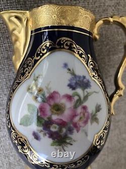 Vtg Lindner Kueps Bavaria Etch Cobalt Tea Coffee Pot And Creamer Gold Floral