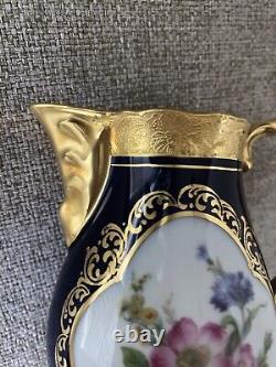 Vtg Lindner Kueps Bavaria Etch Cobalt Tea Coffee Pot And Creamer Gold Floral