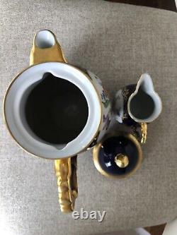 Vtg Lindner Kueps Bavaria Etch Cobalt Tea Coffee Pot And Creamer Gold Floral