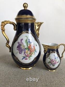 Vtg Lindner Kueps Bavaria Etch Cobalt Tea Coffee Pot And Creamer Gold Floral