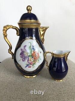 Vtg Lindner Kueps Bavaria Etch Cobalt Tea Coffee Pot And Creamer Gold Floral