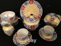 Vtg Made In Czechoslovakia Coffee/Tea Set with Hand Painted flowers & iridescent