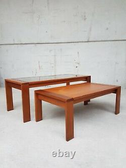 Vtg Mid Century Teak Glass Coffee Table Set Of Two Nest Of Tables Side Danish