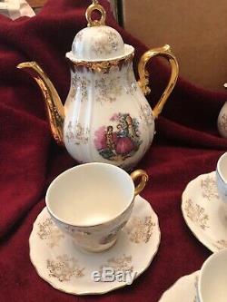 Vtg Porcelain Coffee Set Gold Victorian Couple Sterling China Japan 23 Pc Nice