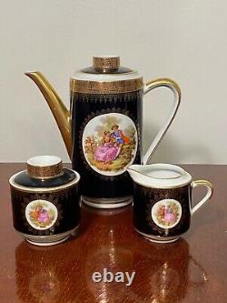 Vtg RIEBER Bavaria Porcelain 15-Piece Black Gold Demitasse Coffee Set Germany