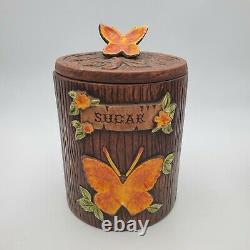Vtg Set Of 4 Treasure Craft Ceramic Butterflies Flour Tea Coffee Canisters