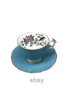 Aynsley Tea Cup & Saucer Blue Bird Branch Gold Trim Pembroke Pair