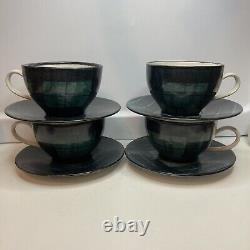 Ensemble de 4 tasses et soucoupes en poterie ANTA vert à motif tartan en bon état