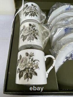 Ensemble de 6 tasses à café et soucoupes en porcelaine Royal Worcester White Rose Vtg NEUF.