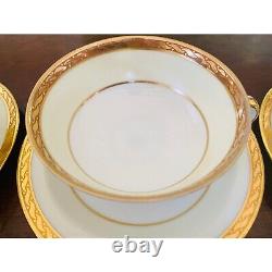 Ensemble de 6 tasses à café / thé en porcelaine de Limoges France avec bordure dorée et soucoupe d'époque