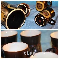 Ensemble de café en grès arabesque Vintage Denby des années 1970 comprenant 6 tasses, soucoupes et cafetière.