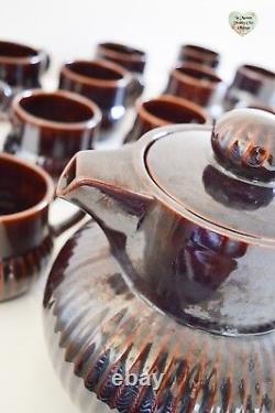 Ensemble de café et de thé RARE, 15 pièces, rétro des années 1980, en grès brun émaillé du Portugal.
