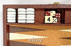 Ensemble de voyage de backgammon vintage Crisloid avec motif de café tourbillon en cuir d'autruche marron
