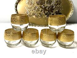 Ensemble vintage de 6 tasses à café/thé en verre avec un épais bord en or et plateau à bord en or