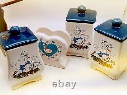 Ensemble vintage en céramique de porte-thé, café, sucre et porte-serviettes avec un motif de canard