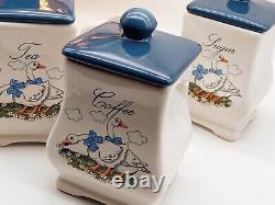 Ensemble vintage en céramique de porte-thé, café, sucre et porte-serviettes avec un motif de canard