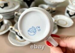 Porcelaine Pegasus Tea/cafee Set, Urss Noir & Blanc, Golden Trim Soviet Vintage