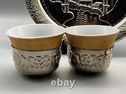Service à café bosniaque vintage en argent métallique dans une boîte en porcelaine
