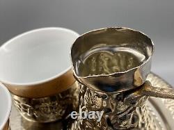 Service à café bosniaque vintage en argent métallique dans une boîte en porcelaine