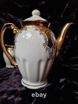 Service à café en porcelaine de Bavière doré antique blanc avec des images romantiques