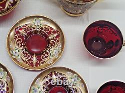 Service à café et à thé vintage Murano Italie rouge rubis en or 24 carats floral